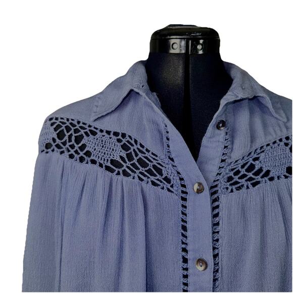 Free People Purple Tunic Blouse XS Long Sleeve Button Down Casual Office Crochet - Picture 3 of 7